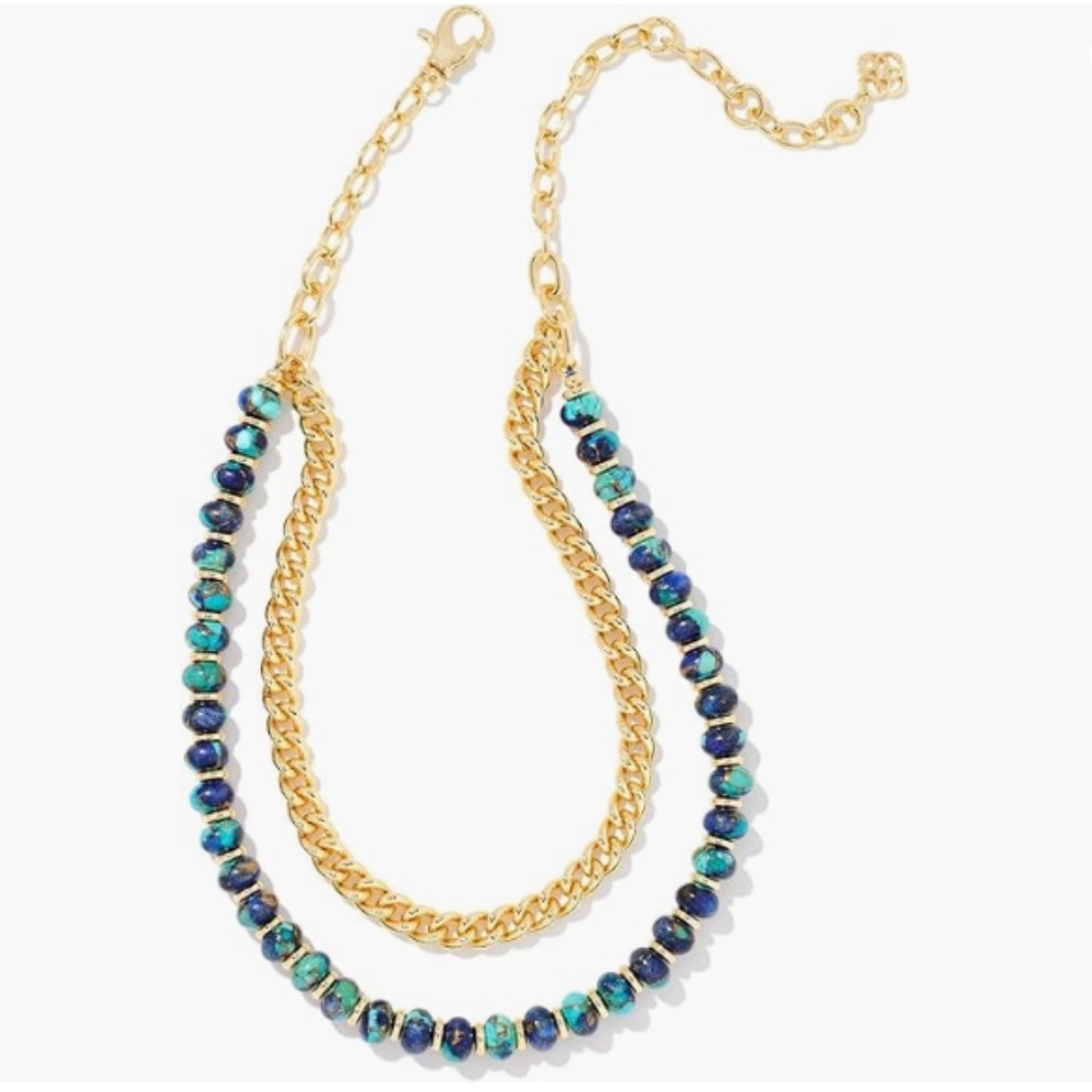 Kendra Scott "Rebecca" Gold Multi Strand Necklace. Bronze Veined Lapis Turquoise